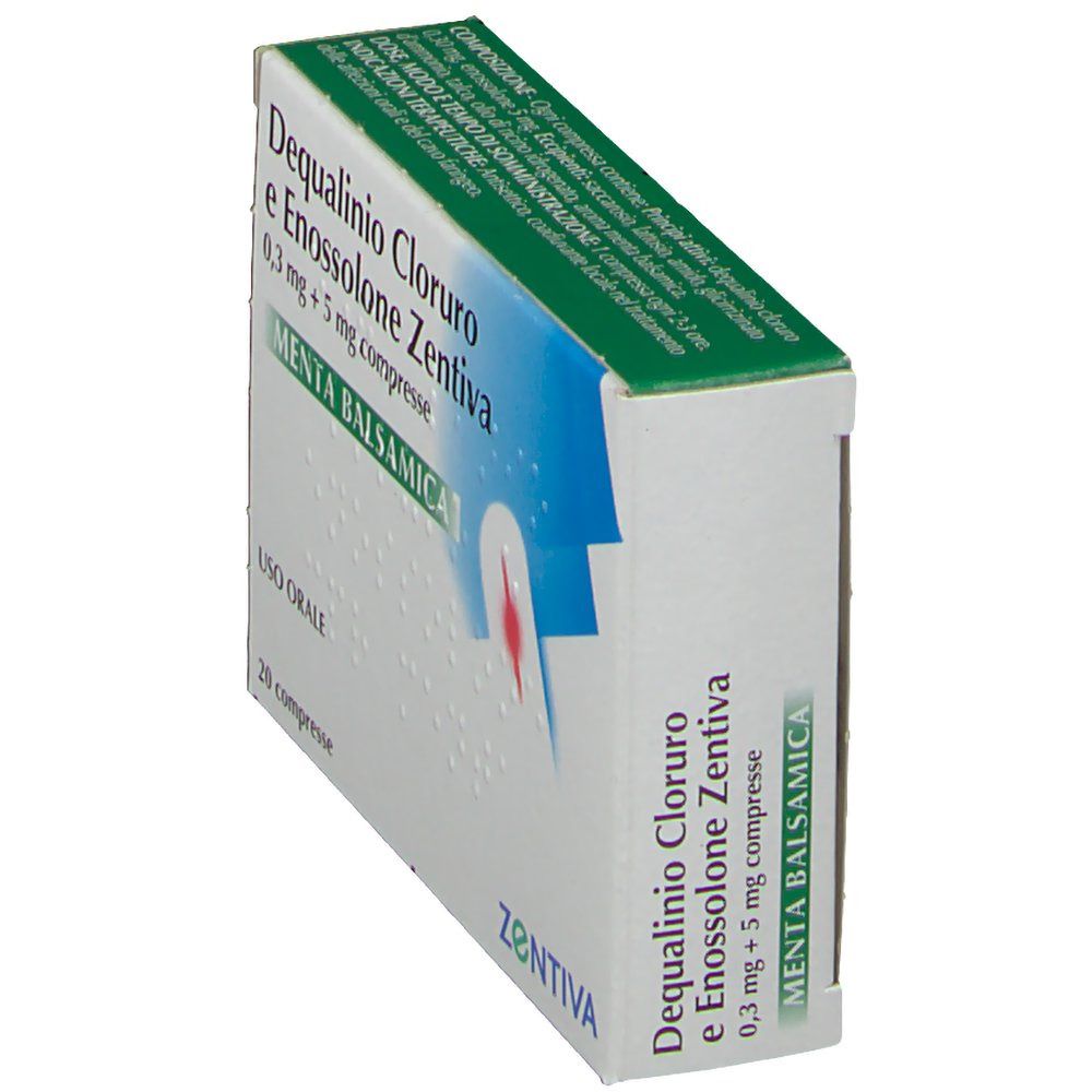 Scatola farmaceutica angolata. Testo: Dequalinio Cloruro e Enossolone Zentiva, 0,3 mg + 5 mg compresse, Menta Balsamica. Confezione verde e bianca.