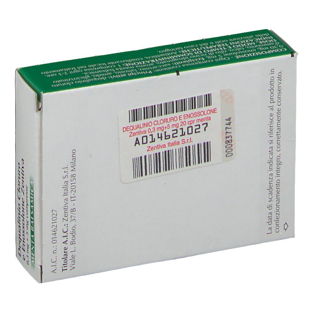 Retro della confezione farmaceutica. Testo: Dequalinio Cloruro e Enossolone Zentiva, A014621027. Codice a barre e dettagli.