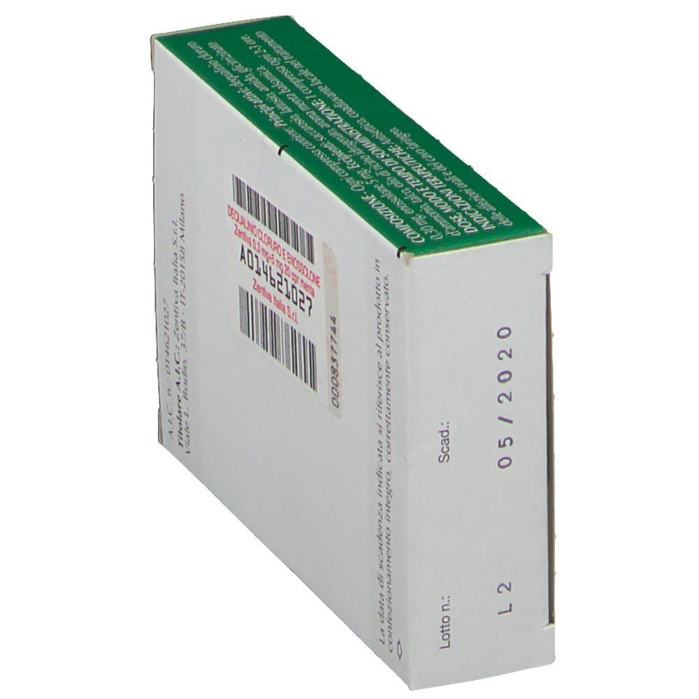Confezione farmaceutica angolata. Testo: Dequalinio Cloruro e Enossolone Zentiva, A014621027. Codice a barre, scadenza 05/2020. Confezione verde e bianca.