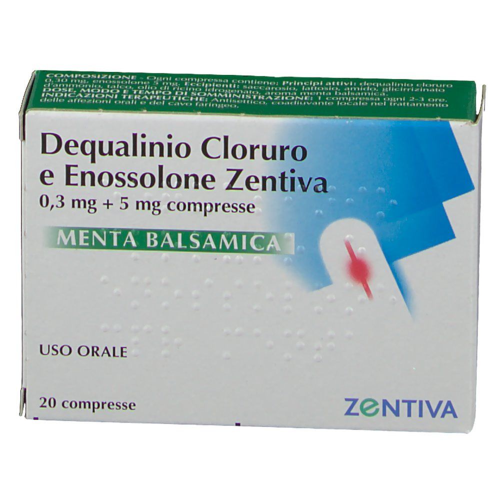 Fronte della confezione farmaceutica. Testo: Dequalinio Cloruro e Enossolone Zentiva, 0,3 mg + 5 mg compresse, Menta Balsamica. 20 compresse.
