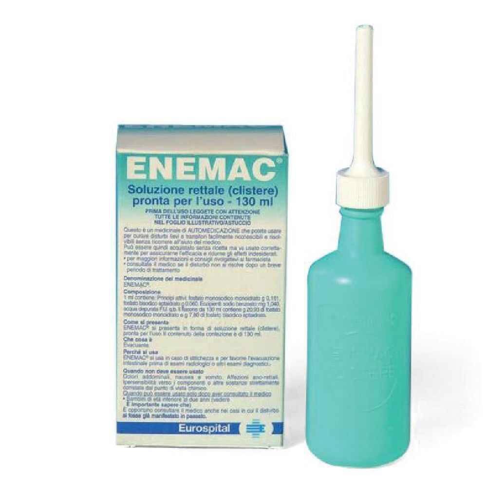 Flacone per clistere e confezione. Flacone blu con applicatore bianco. Scatola con nome del prodotto e testo.