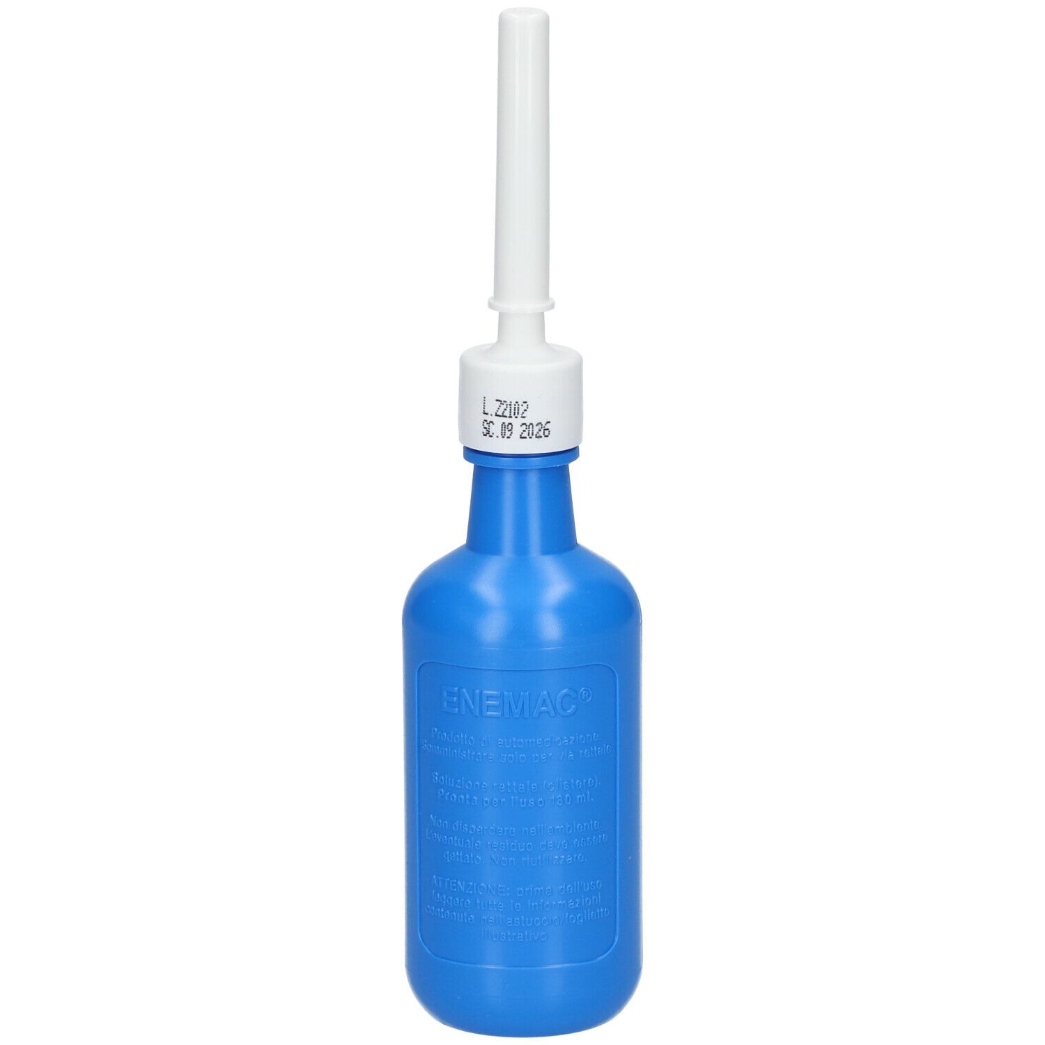 Flacone blu con applicatore bianco. Scritta: ENEMAC. Data sulla chiusura.