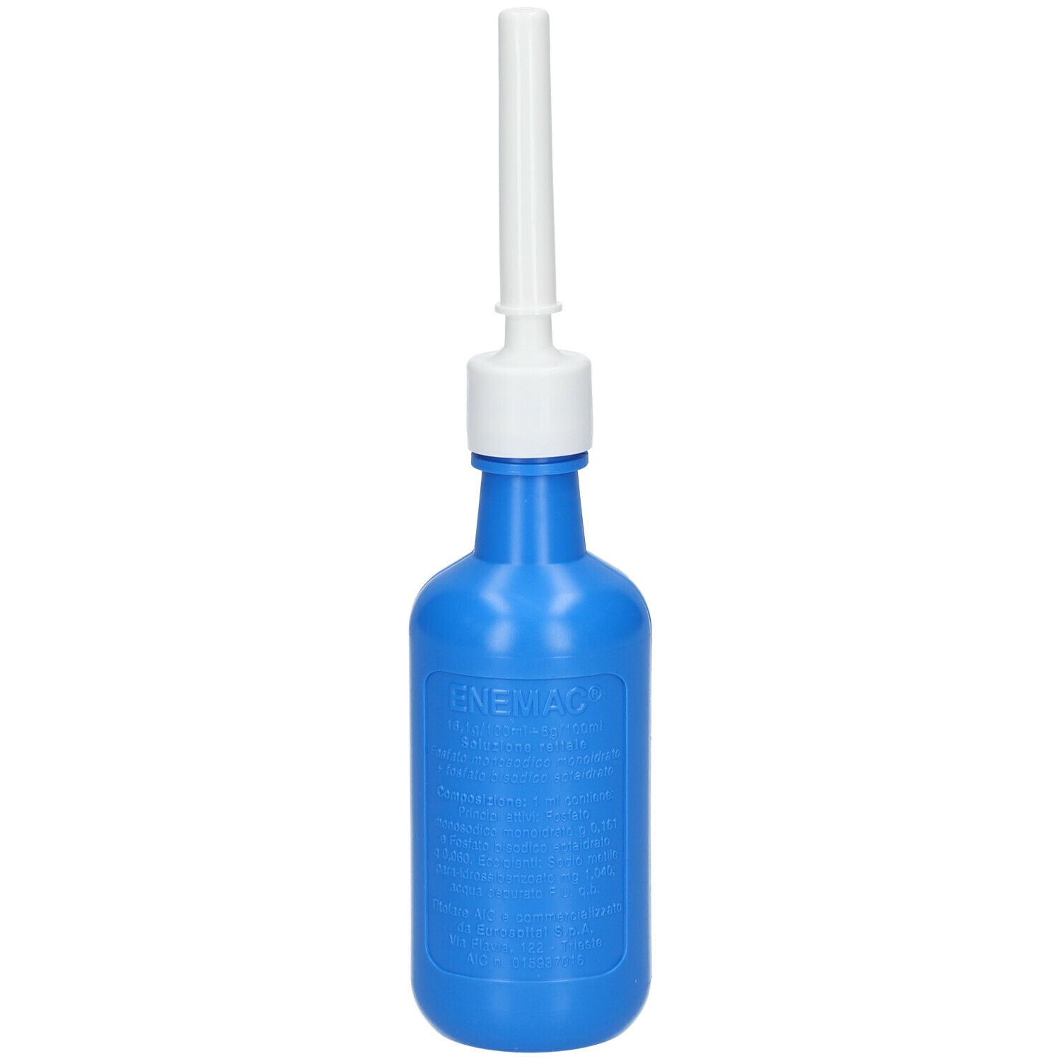 Flacone blu con applicatore bianco. Scritta: ENEMAC. Data sulla chiusura.
