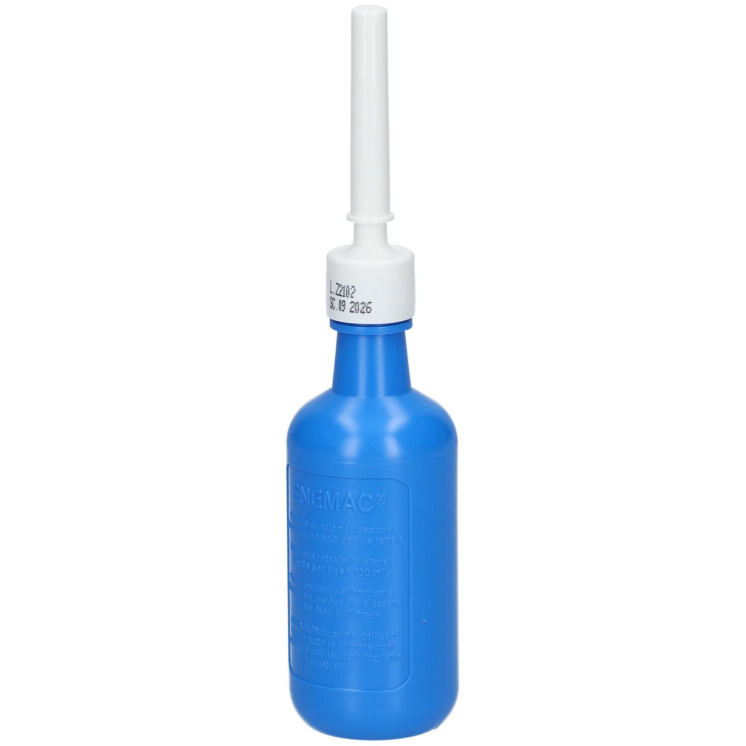 Flacone blu con applicatore bianco. Scritta: ENEMAC. Data sulla chiusura.
