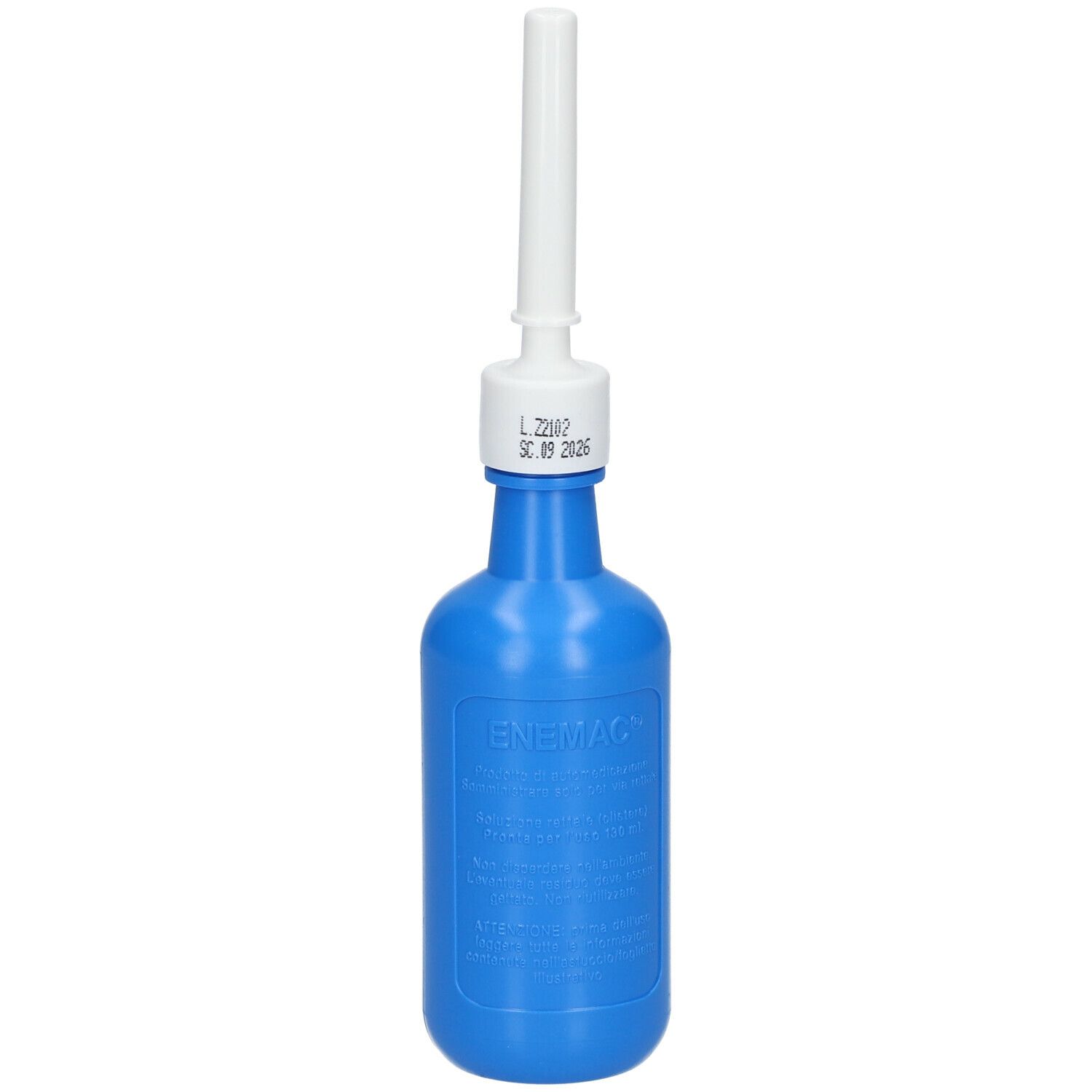 Flacone blu con applicatore bianco. Scritta: ENEMAC. Data sulla chiusura.