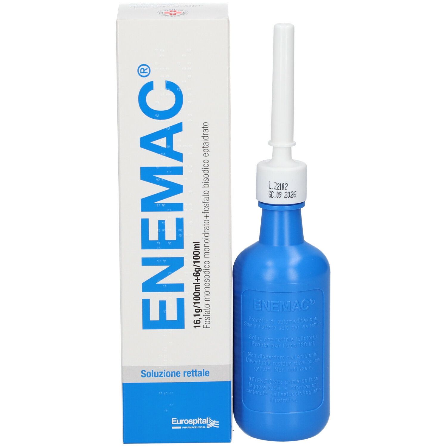 Flacone blu con applicatore bianco e confezione. Scritta: ENEMAC. Confezione con informazioni sul prodotto.
