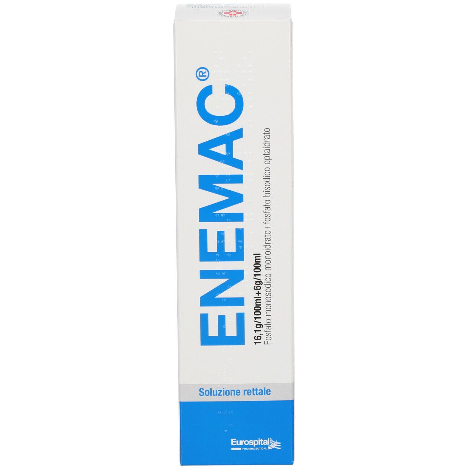 Confezione con nome del prodotto ENEMAC. Confezione blu e bianca con informazioni sul prodotto.