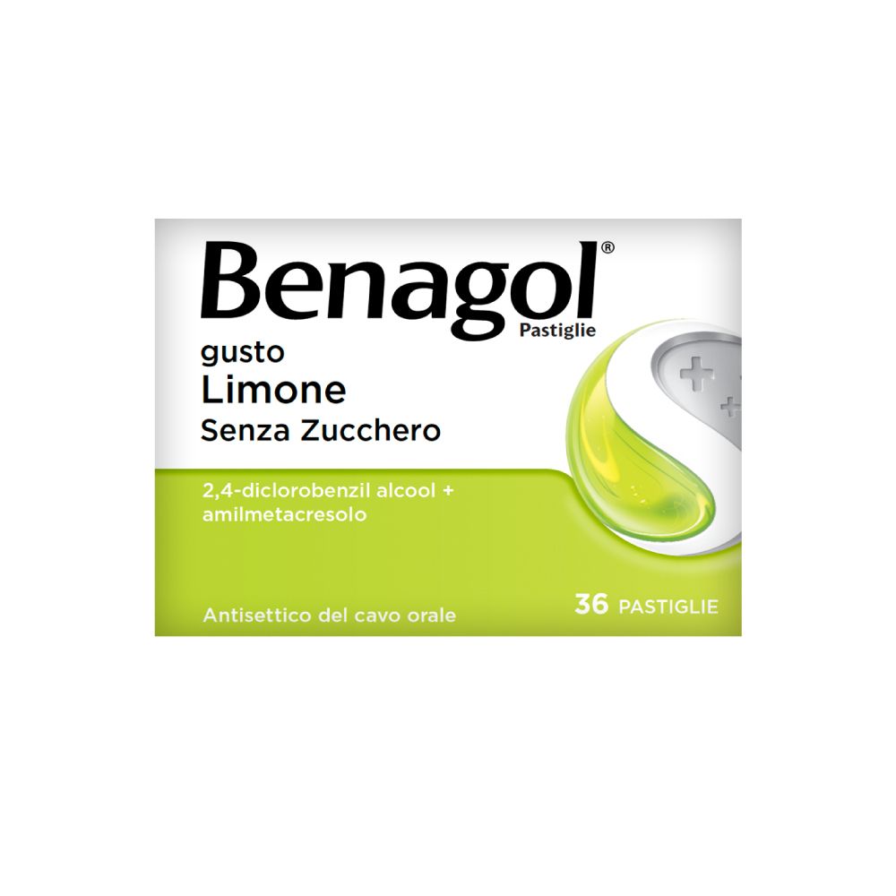 Confezione di BENAGOL Pastiglie gusto Limone Senza Zucchero. Contiene 36 pastiglie. Informazioni sul prodotto visibili.
