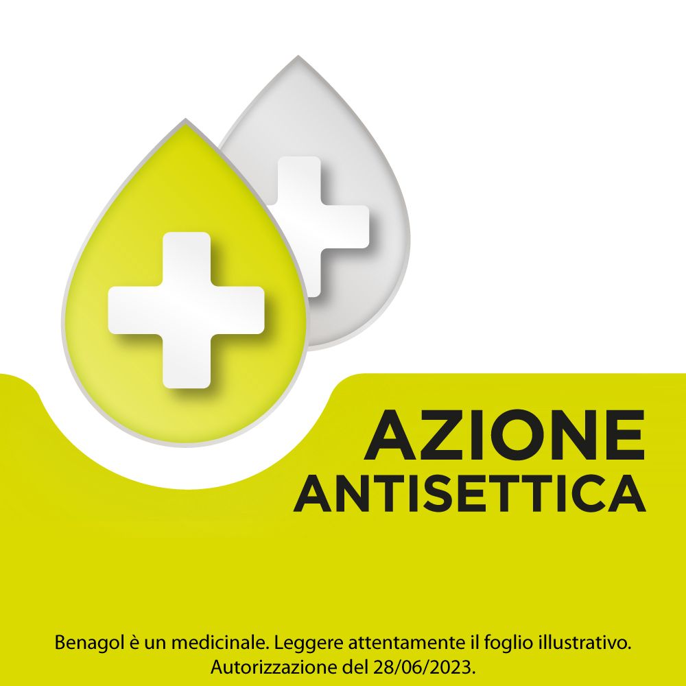 Forma a goccia gialla con simbolo croce bianco. Testo: 'AZIONE ANTISEPTICA'. Sfondo: bianco con altri simboli a croce.