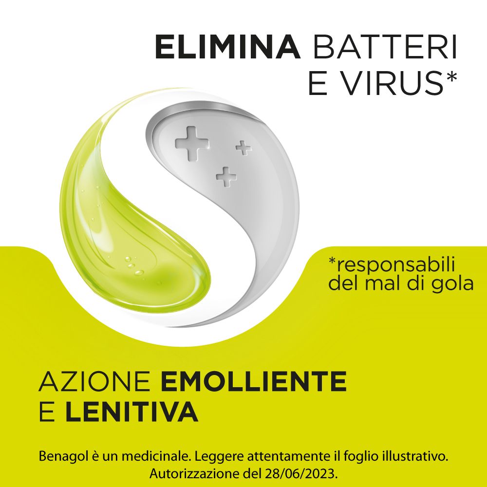 Forma a goccia gialla con simbolo croce bianco. Testi: 'ELIMINA BATTERI E VIRUS' e 'AZIONE EMOLLIENTE E LENITIVA'.