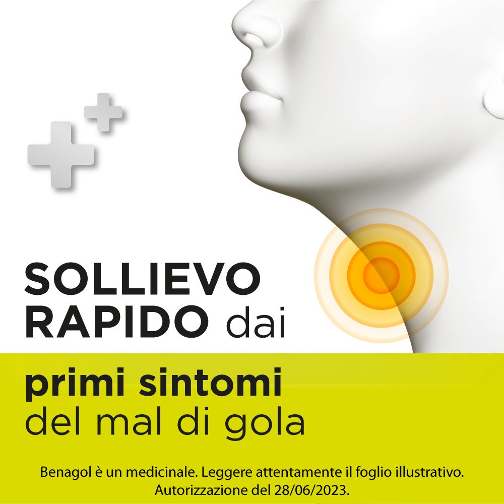 Illustrazione della gola con cerchi gialli. Testo: 'SOLLIEVO RAPIDO dai primi sintomi del mal di gola'.