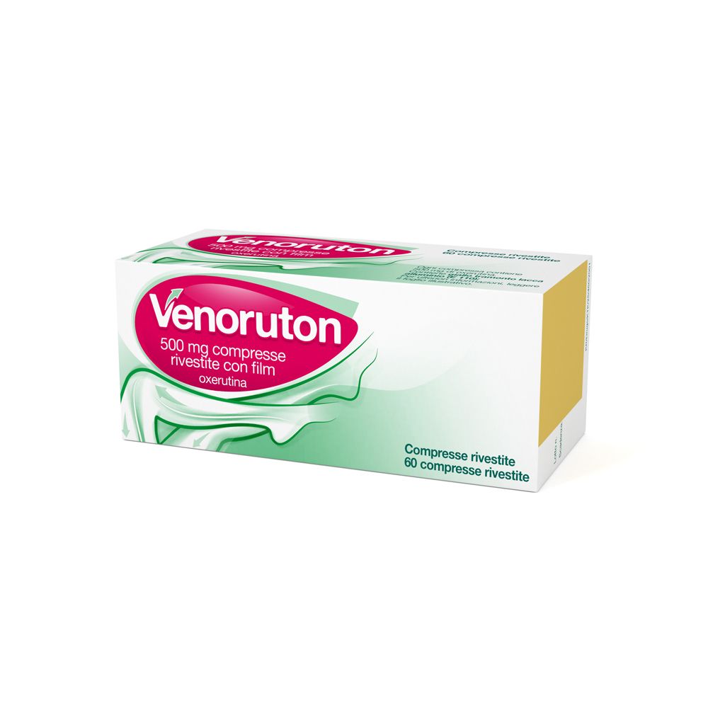 Scatola di Venoruton 500 mg compresse. Scritta rossa su sfondo bianco. 60 compresse.