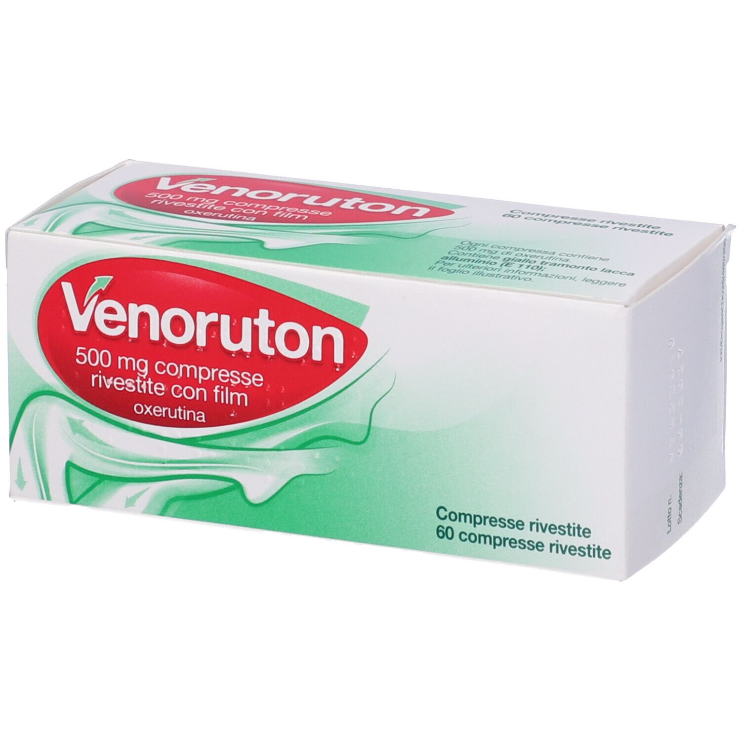 Scatola di Venoruton 500 mg compresse. Scritta rossa su sfondo bianco. 60 compresse.