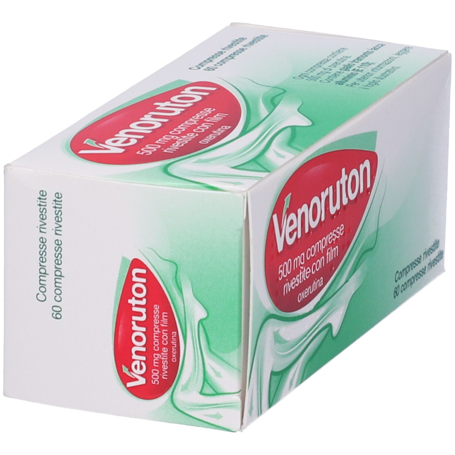 Scatola di Venoruton 500 mg compresse. Scritta rossa su sfondo bianco. 60 compresse.
