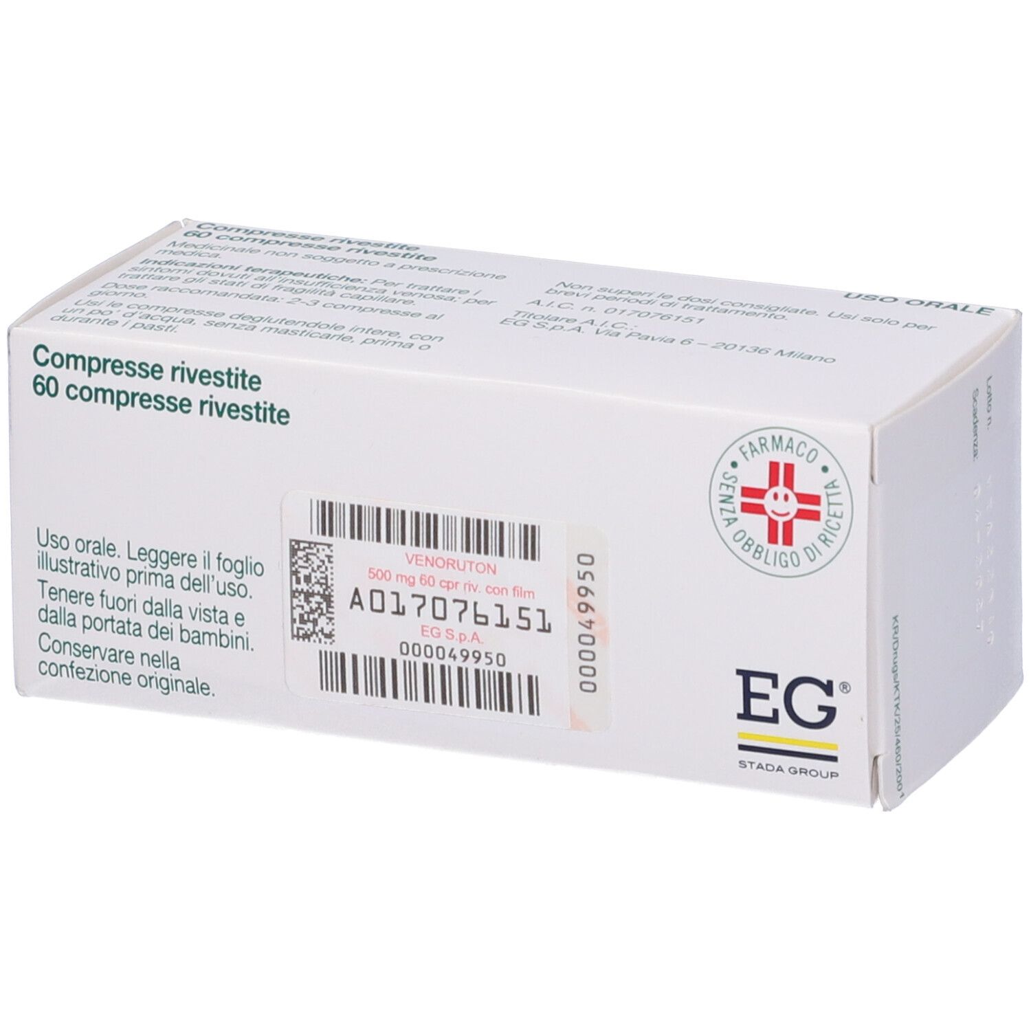 Scatola di Venoruton 500 mg compresse. Retro con testo ed etichetta. 60 compresse.