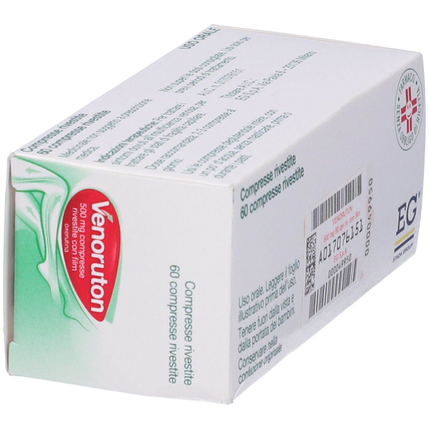 Scatola di Venoruton 500 mg compresse. Retro con testo ed etichetta. 60 compresse.