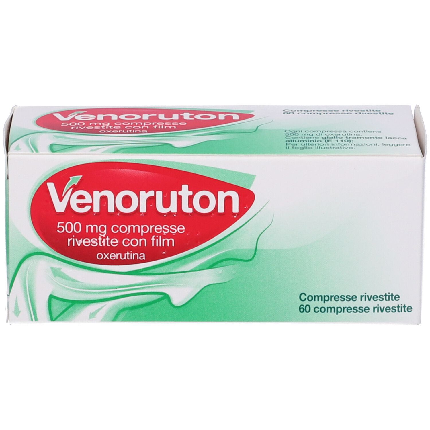 Scatola di Venoruton 500 mg compresse. Scritta rossa su sfondo bianco. 60 compresse.