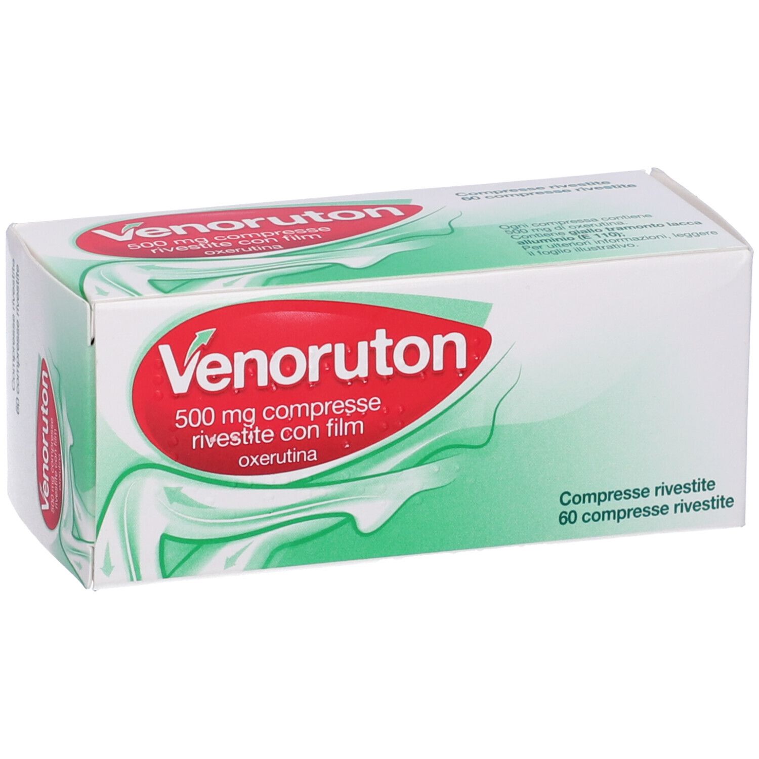 Scatola di Venoruton 500 mg compresse. Scritta rossa su sfondo bianco. 60 compresse.