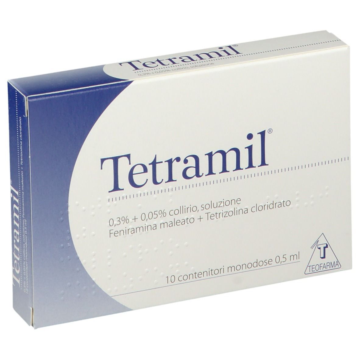 Scatola di collirio Tetramil. Scritto: 0,3% + 0,05% collirio, soluzione. 10 contenitori monodose.