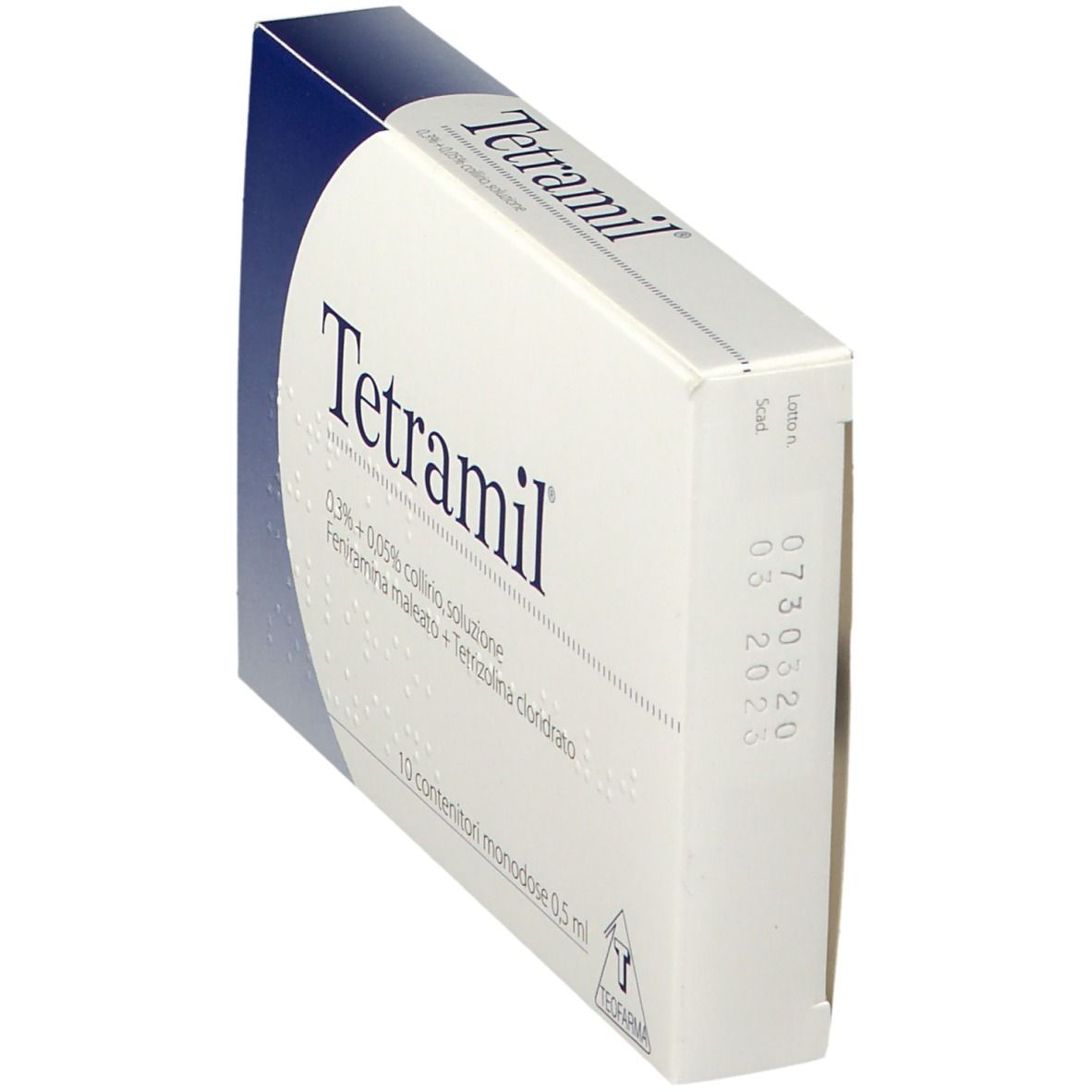 Scatola Tetramil, vista laterale. Scritto: 0,3% + 0,05% collirio, soluzione. 10 contenitori monodose. Scadenza.