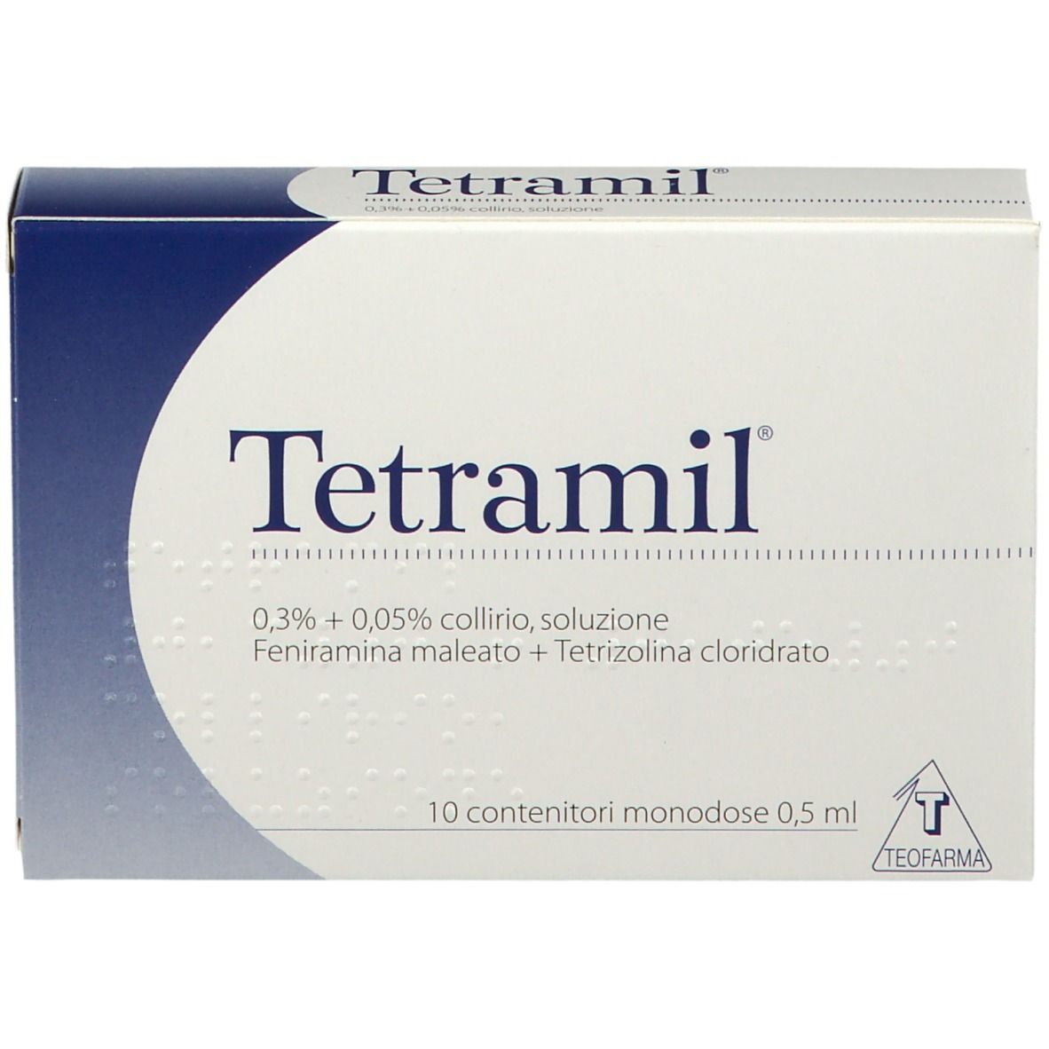Scatola Tetramil. Scritto: 0,3% + 0,05% collirio, soluzione. 10 contenitori monodose. Confezione bianca e blu.