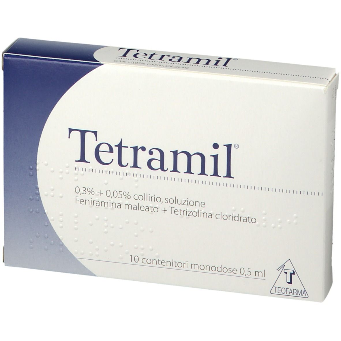 Scatola Tetramil. Scritto: 0,3% + 0,05% collirio, soluzione. 10 contenitori monodose. Confezione bianca e blu.