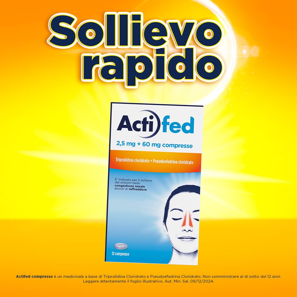 Confezione di Actifed su sfondo giallo. Testo: 'Sollievo rapido'. Contiene 12 compresse. Volto con naso congestionato.