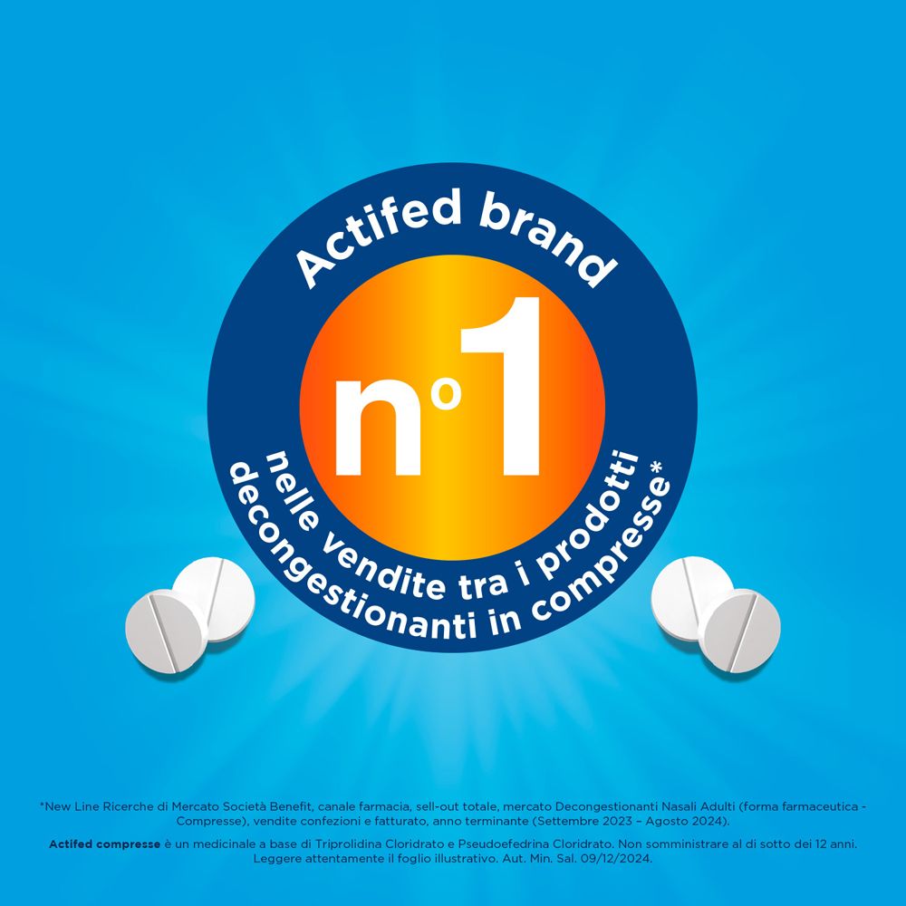 Sfondo blu con cerchio bianco. Testo: 'Actifed brand n°1'. Illustrazioni di compresse.