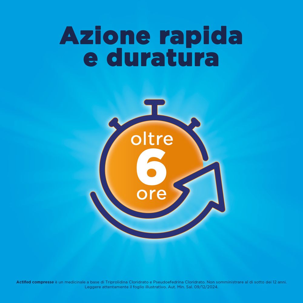 Sfondo blu con simbolo orologio. Testo: 'Azione per oltre 6 ore'.