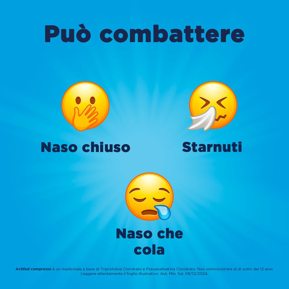 Sfondo blu con illustrazioni emoji: naso chiuso, starnuti, naso che cola.