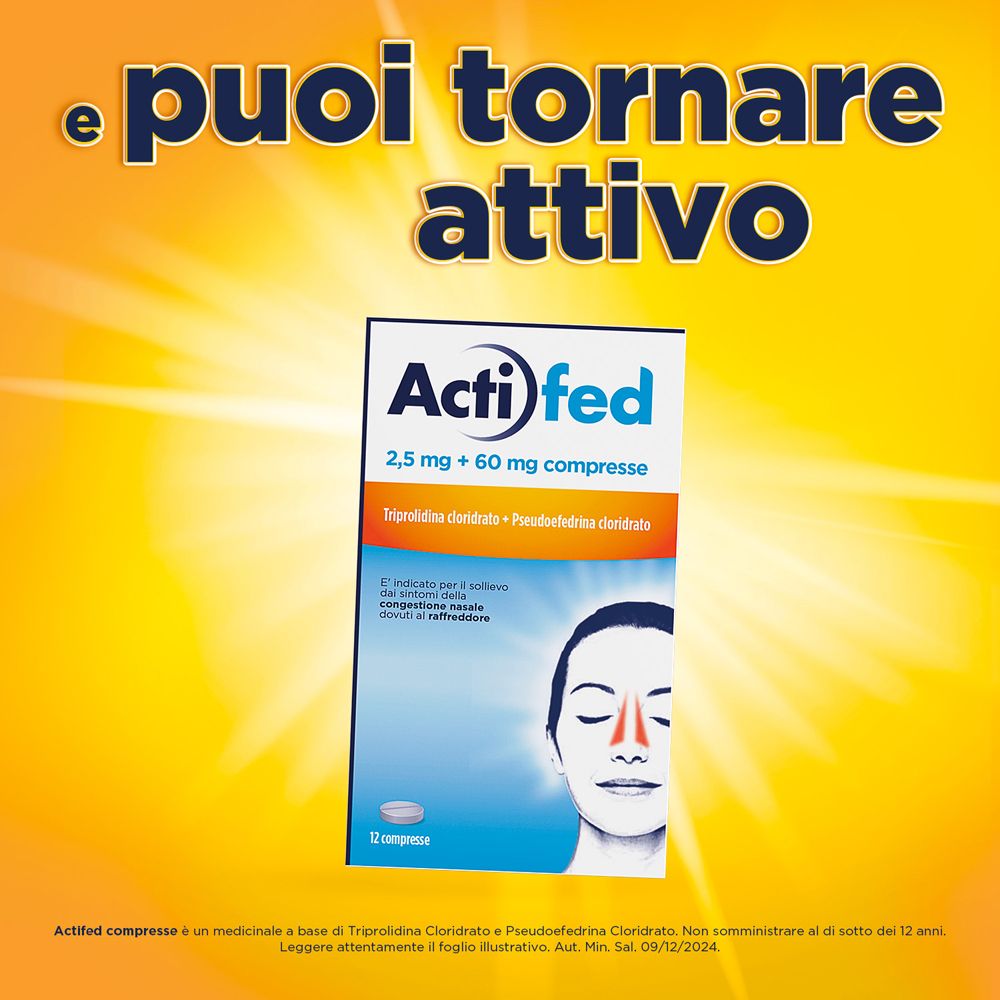 Confezione di Actifed su sfondo giallo. Contiene 12 compresse. Illustrazione di un volto con naso congestionato.
