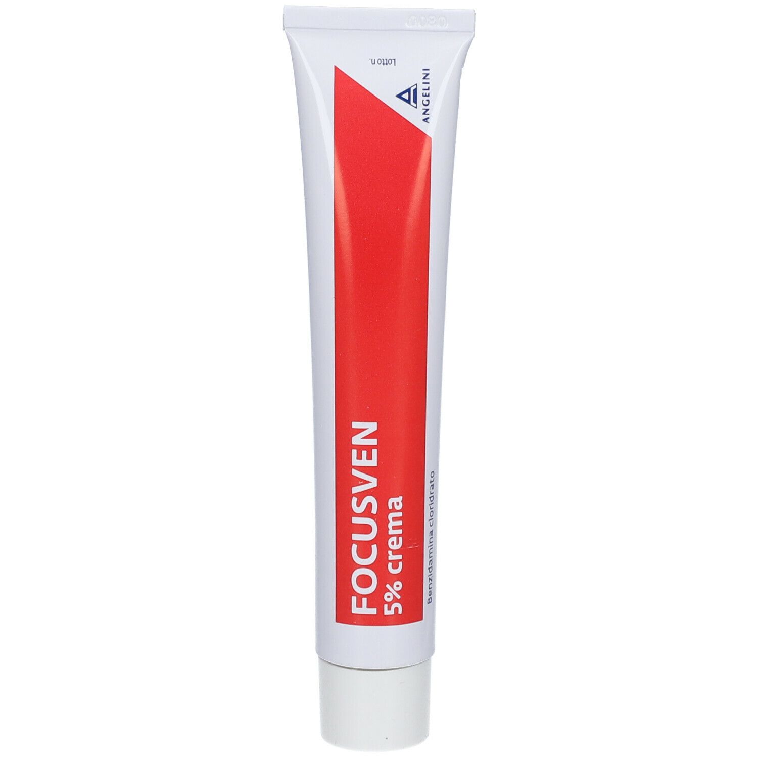 Tubo di crema con striscia rossa e scritta FOCUSVEN 5% crema. Logo del produttore. Sfondo bianco.