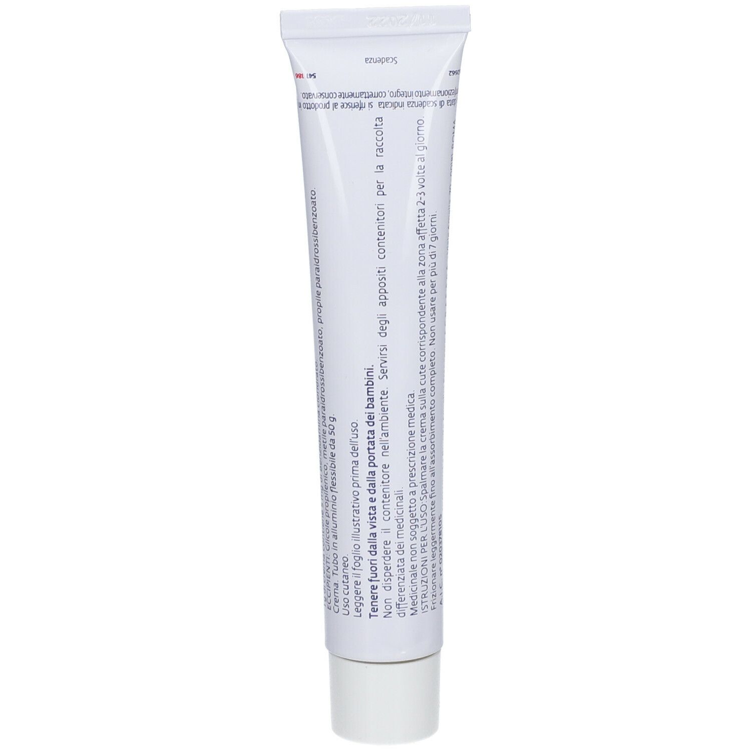 Retro del tubo di crema. Testo in italiano. Sfondo bianco.