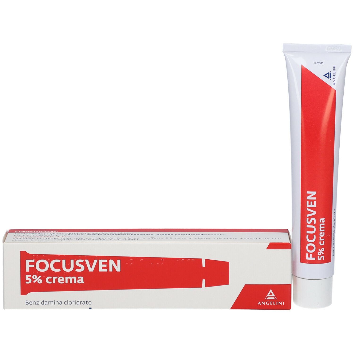 Confezione e tubo FOCUSVEN 5% crema. Striscia rossa, logo del produttore. Sfondo bianco.