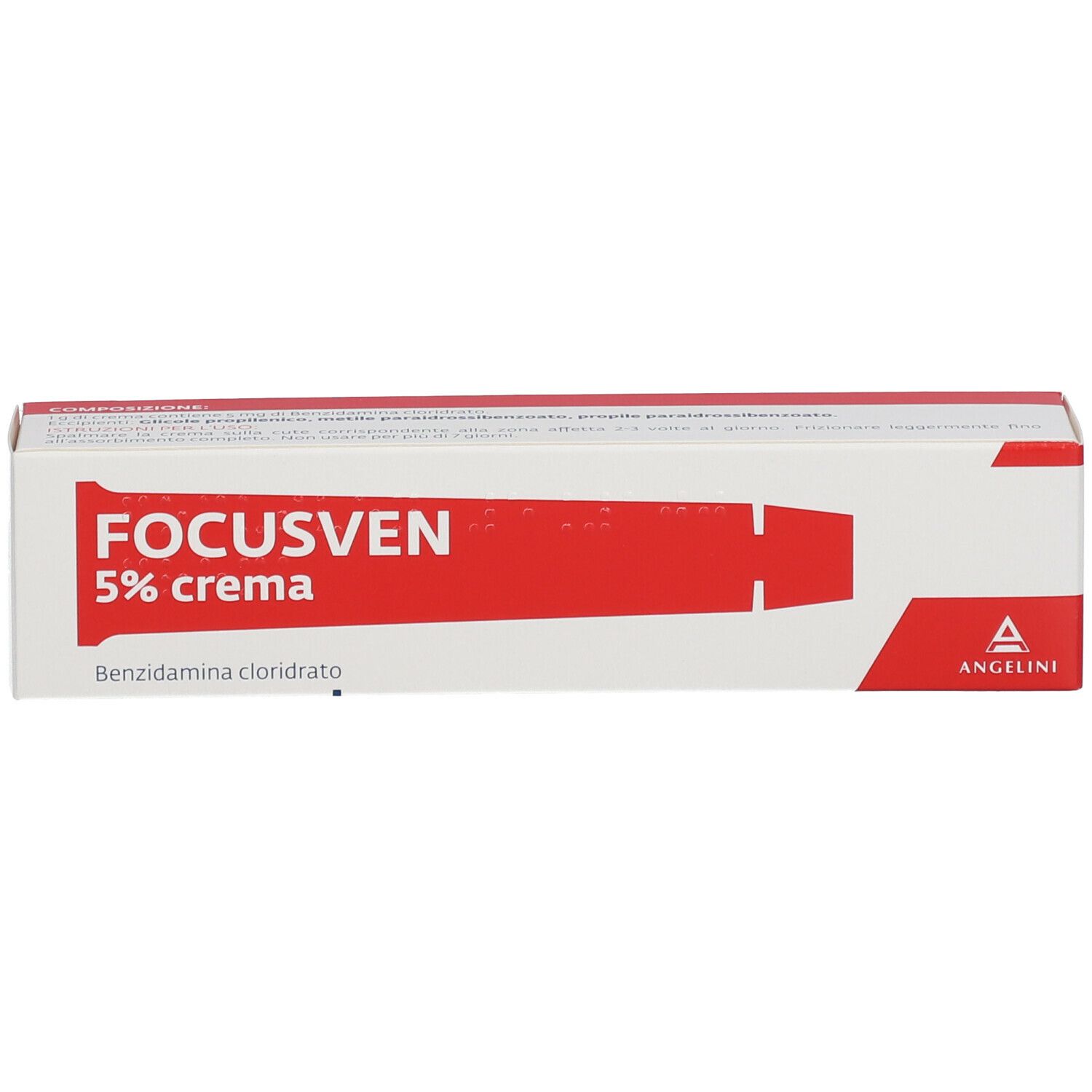 Confezione FOCUSVEN 5% crema. Striscia rossa, logo del produttore. Sfondo bianco.