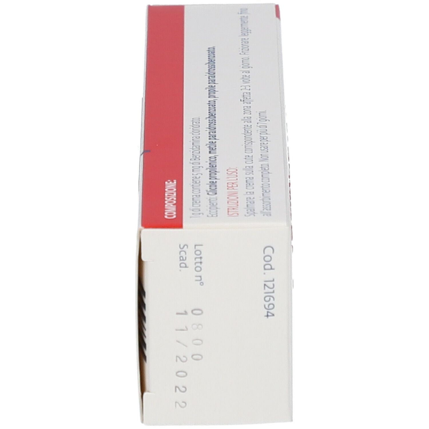 Vista laterale della confezione FOCUSVEN 5% crema. Testo e codice. Sfondo bianco.