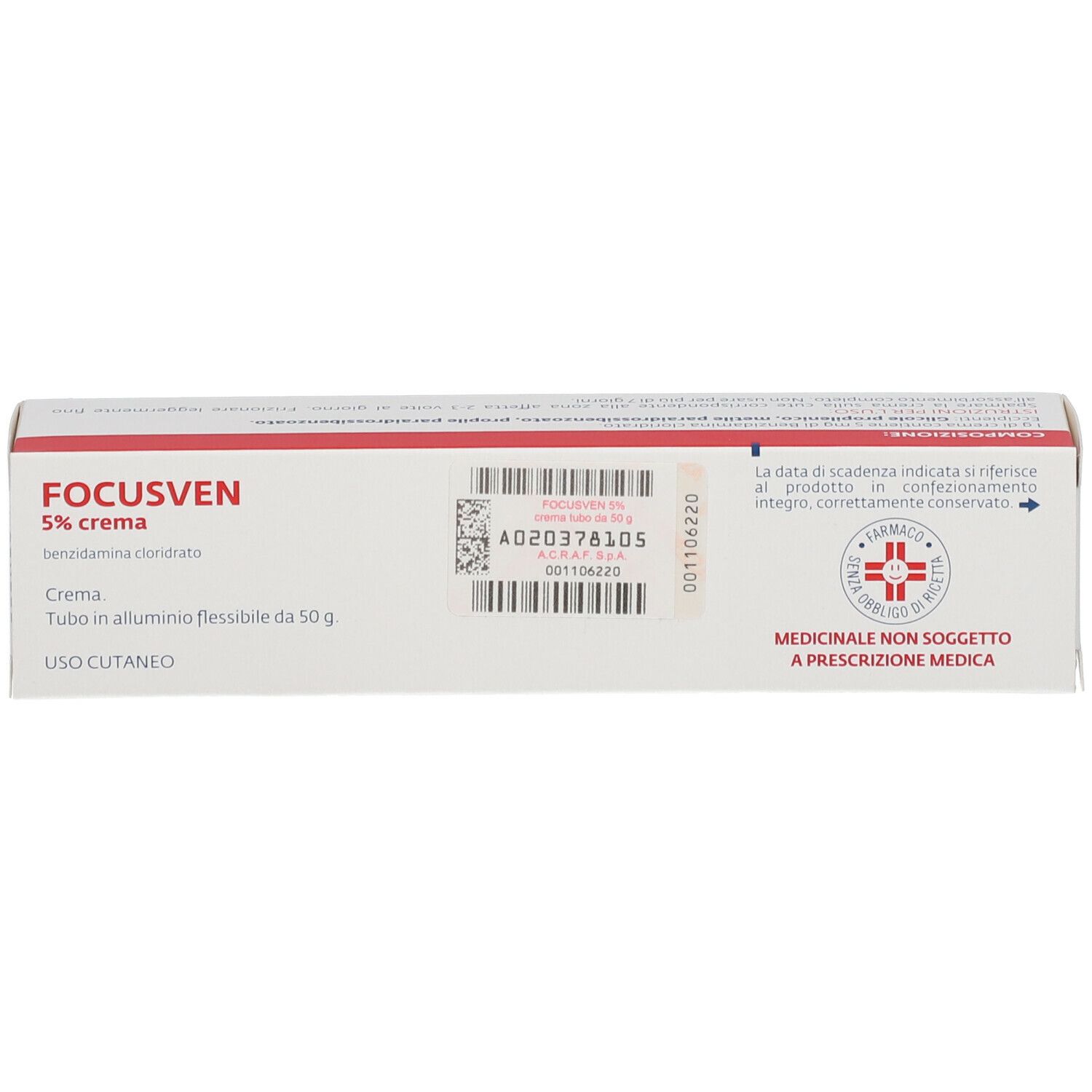 Parte superiore della confezione FOCUSVEN 5% crema. Testo, codice a barre, logo. Sfondo bianco.