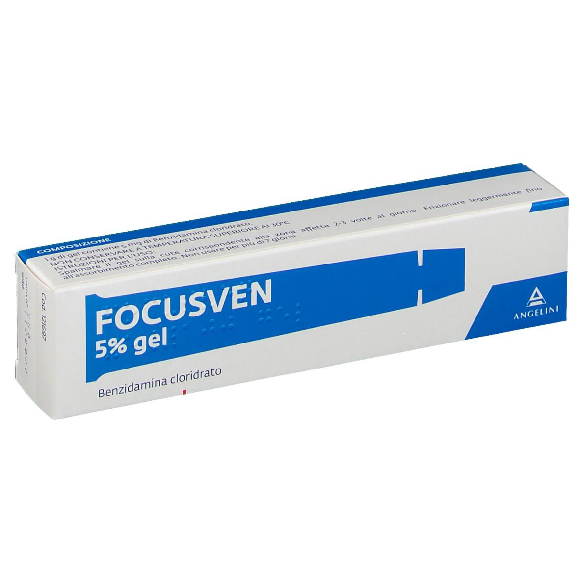 Scatola di FOCUSVEN 5% gel. Confezione blu e bianca. Nome del prodotto e ingredienti ben visibili.
