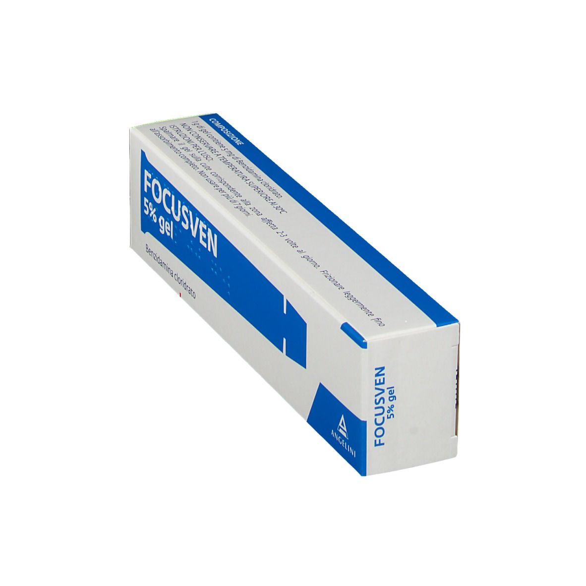 Scatola di FOCUSVEN 5% gel, angolata. Confezione blu e bianca. Nome del prodotto e ingredienti visibili.