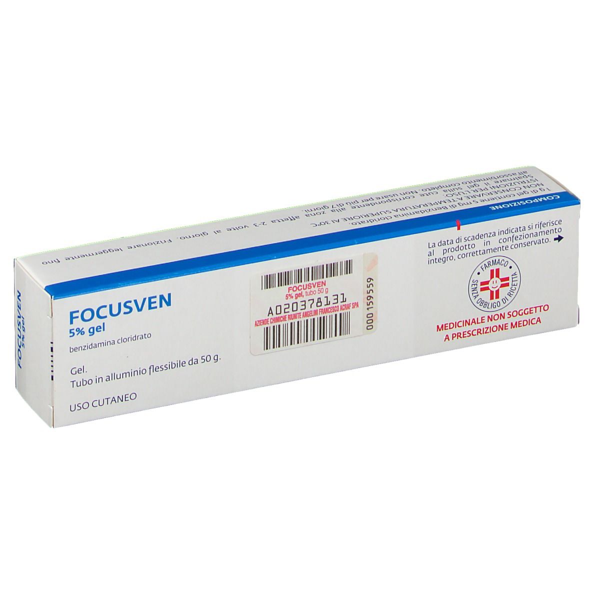 Retro della confezione di FOCUSVEN 5% gel. Contiene informazioni sul prodotto, numero di lotto e logo farmacia.
