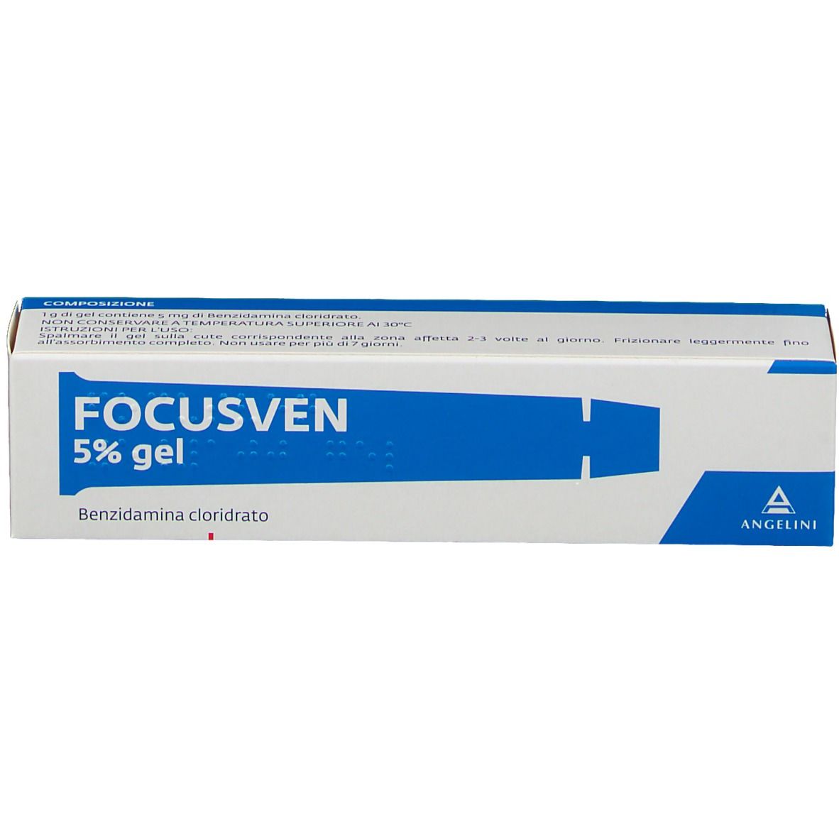 Confezione di FOCUSVEN 5% gel. Scatola blu e bianca con nome del prodotto e ingredienti. Logo Angelini.