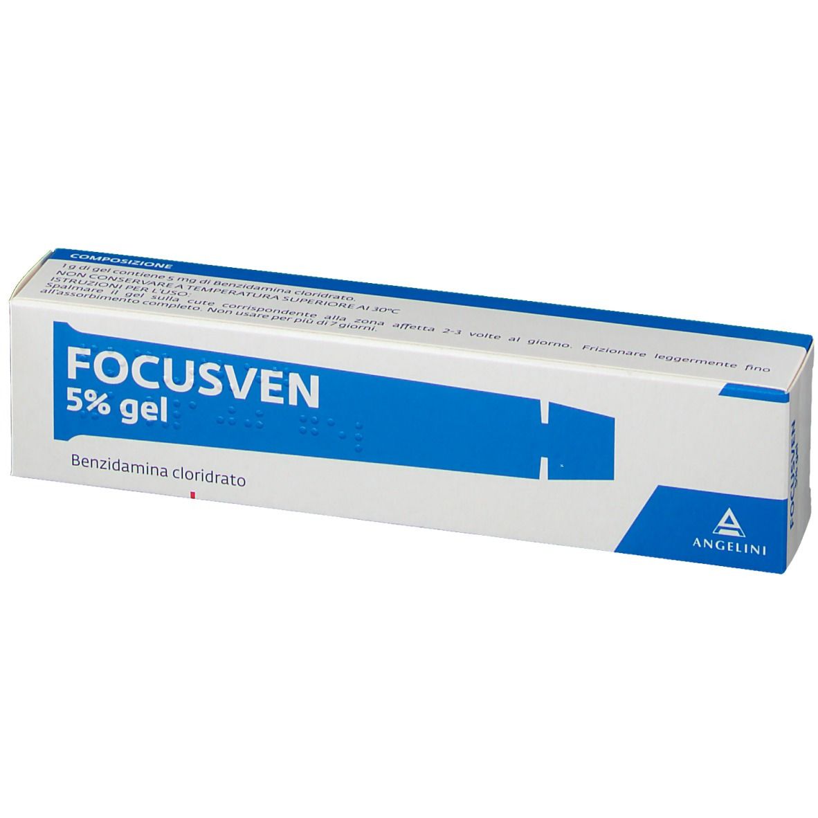 Confezione di FOCUSVEN 5% gel. Scatola blu e bianca con nome del prodotto e ingredienti. Logo Angelini.