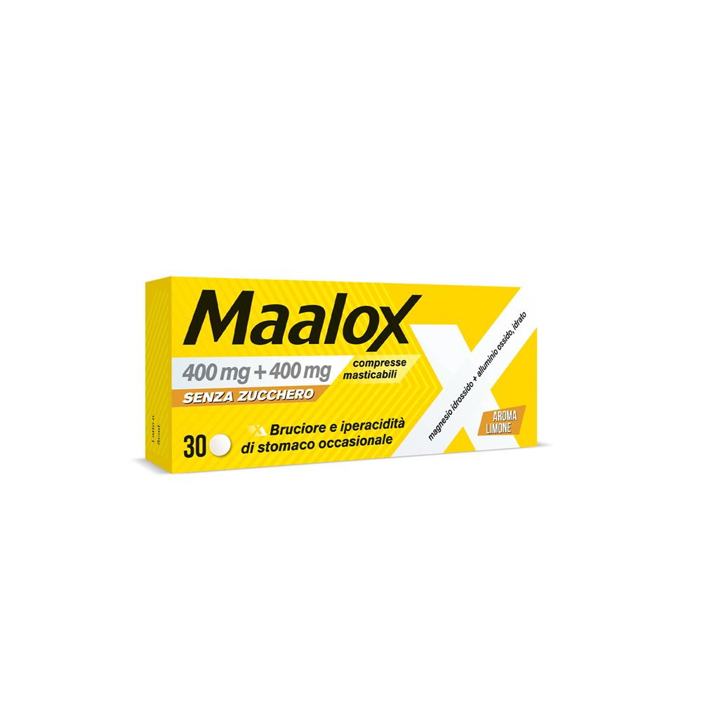 Scatola gialla Maalox, 400 mg + 400 mg, 30 compresse. Testo: Senza zucchero, contro l'acidità gastrica occasionale.