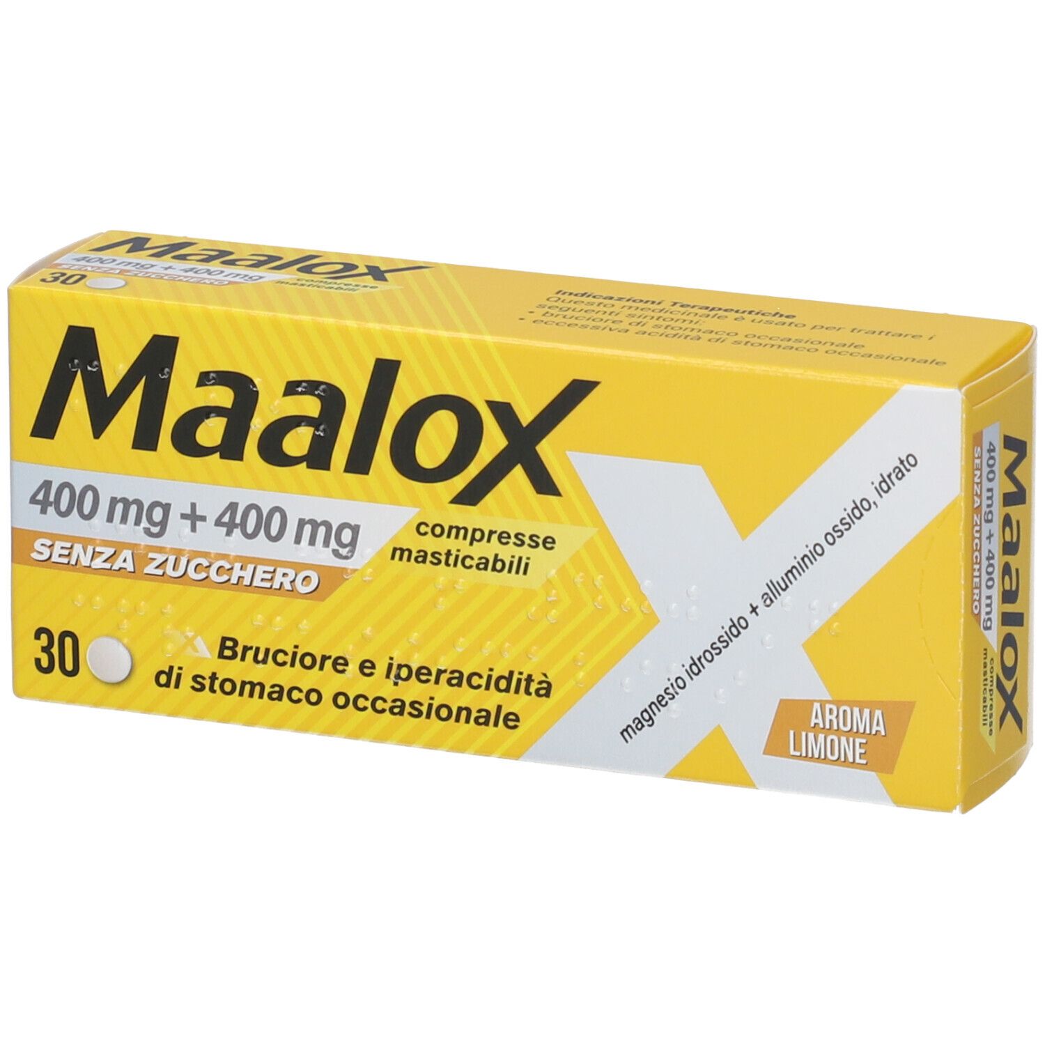 Maalox 400+400 MG, contro acidità di stomaco occasionale, 30 cpr senza zucchero