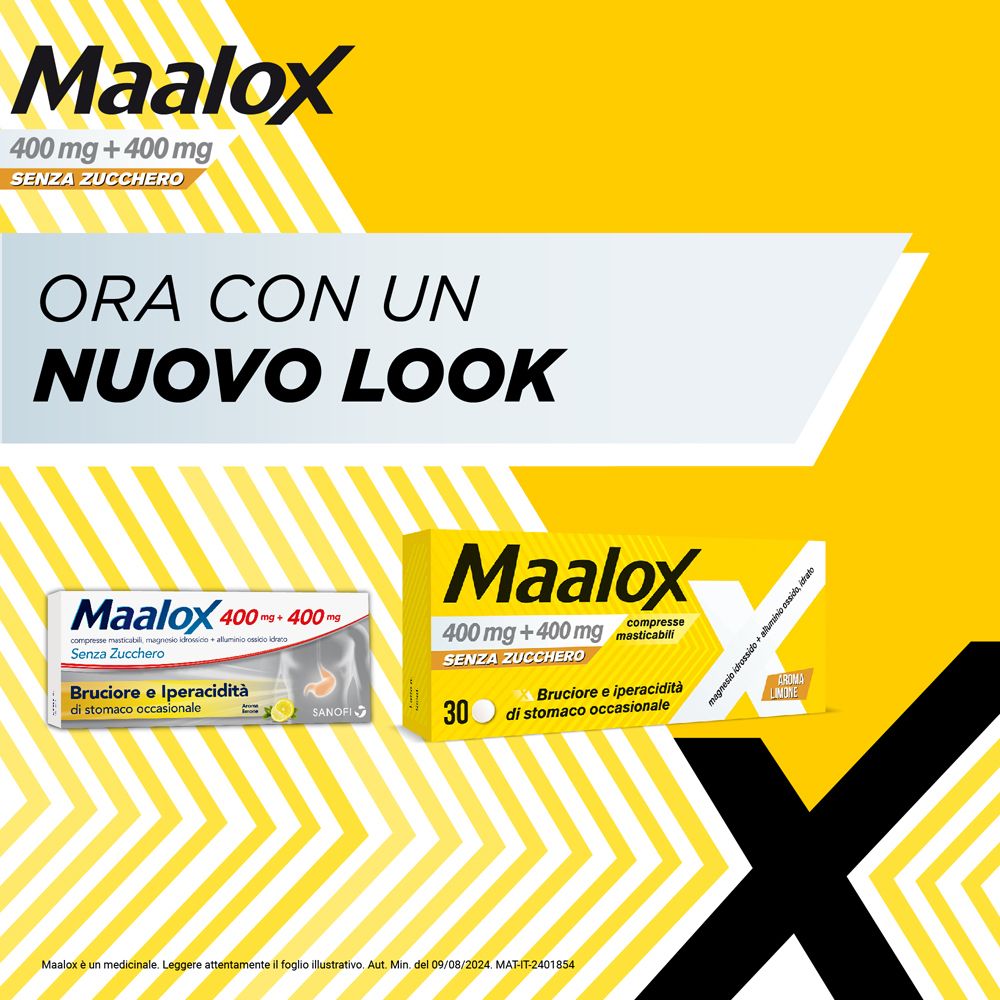 Sfondo giallo con logo Maalox e immagine del prodotto. Testo: Ora con un nuovo look. Prodotto: 400 mg + 400 mg, senza zucchero.