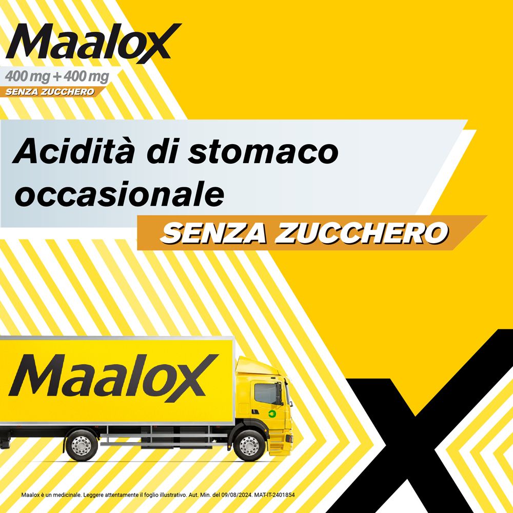 Sfondo giallo con logo Maalox. Testo: Acidità gastrica occasionale, senza zucchero. Camion giallo con logo Maalox.