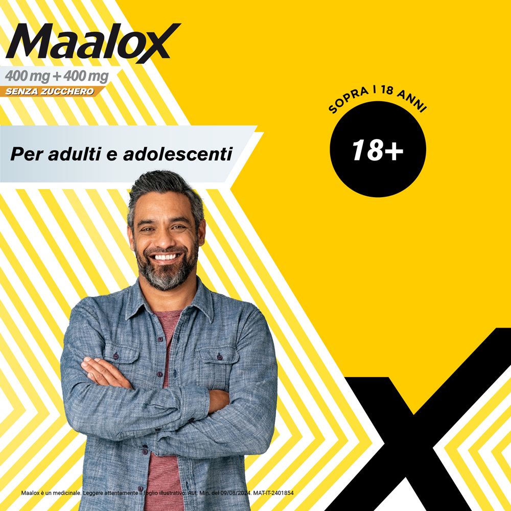 Sfondo giallo con logo Maalox. Testo: Per adulti e adolescenti. Simbolo 18+. Uomo con le braccia incrociate.