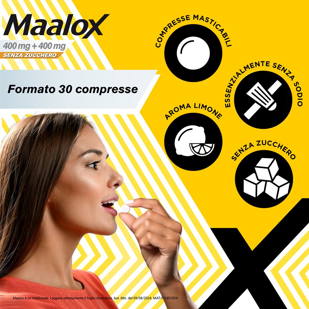 Donna che prende una compressa. Sfondo giallo con simboli: masticare, aroma limone, senza zucchero, senza sodio. Testo: 30 compresse.