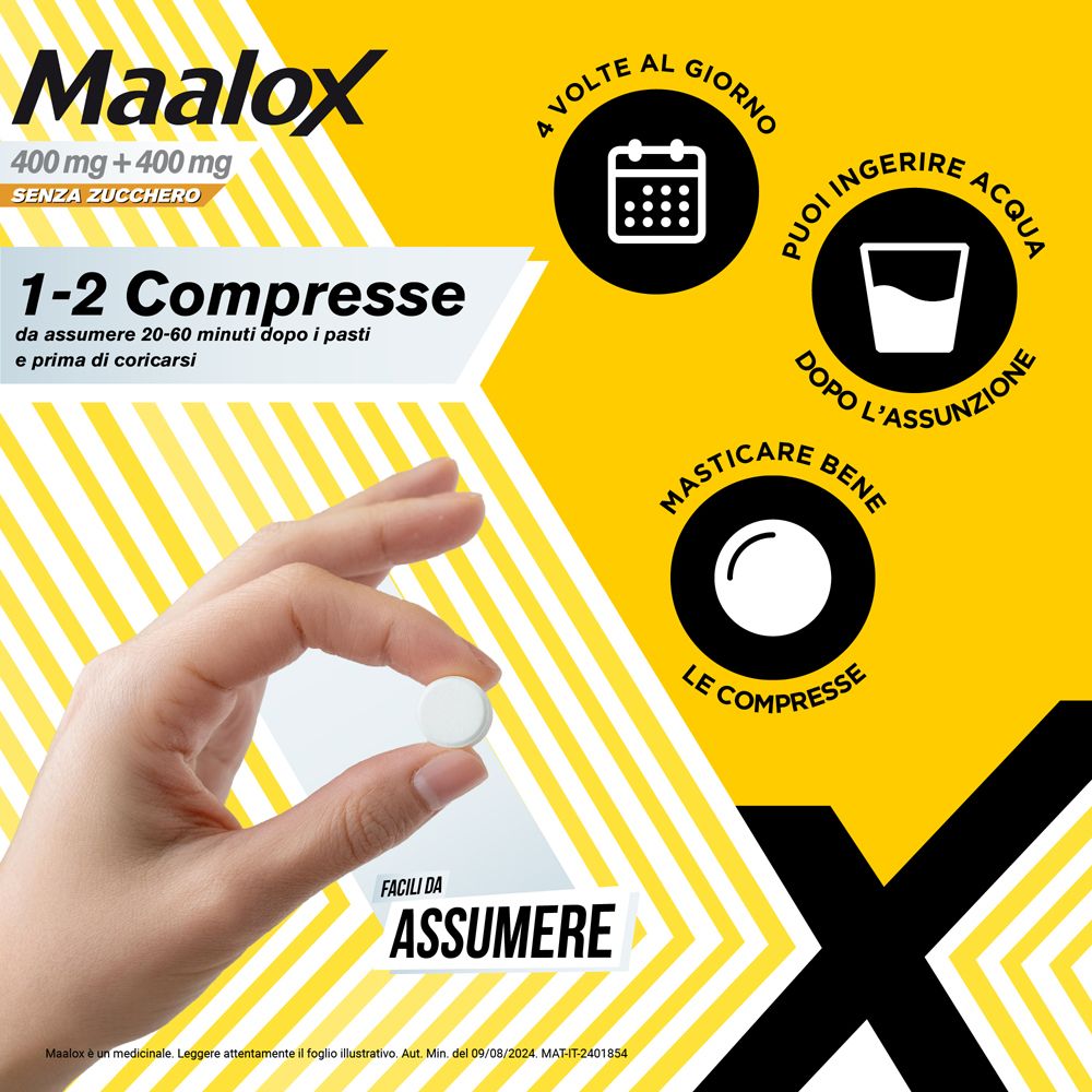 Mano che tiene una compressa. Sfondo giallo con testo: 1-2 compresse, 20-60 minuti dopo i pasti. Facili da assumere.