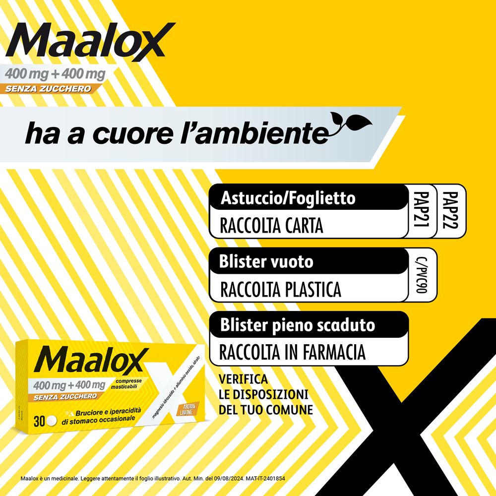 Sfondo giallo con logo Maalox. Testo: Ha a cuore l'ambiente. Simboli per riciclo carta, plastica e farmacia.